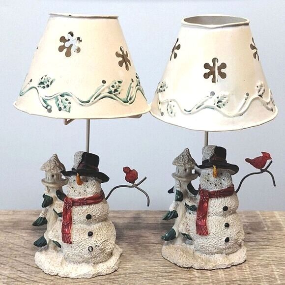 VTG Set of 2 Christmas Ceramic Snowman Metal Shade Tealight Holders - Picture 1 of 16